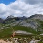 Nochmals einen Blick zurück: Plattkofel, Rosszähne, Roterdspitze, Rosengarten
