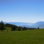 blühende Wiesen mit den schneebedeckten Dolomiten im Hintergrund. Im Talkesser: das Überetsch